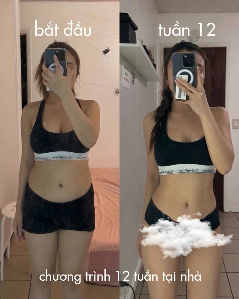 Ảnh 2: so sánh góc chính diện lúc bắt đầu và tuần 12 trong chương trình tập tại nhà.