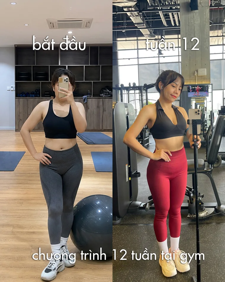 Ảnh 3: so sánh lúc bắt đầu và tuần 12 trong chương trình tập tại gym, theo chú thích trên ảnh.